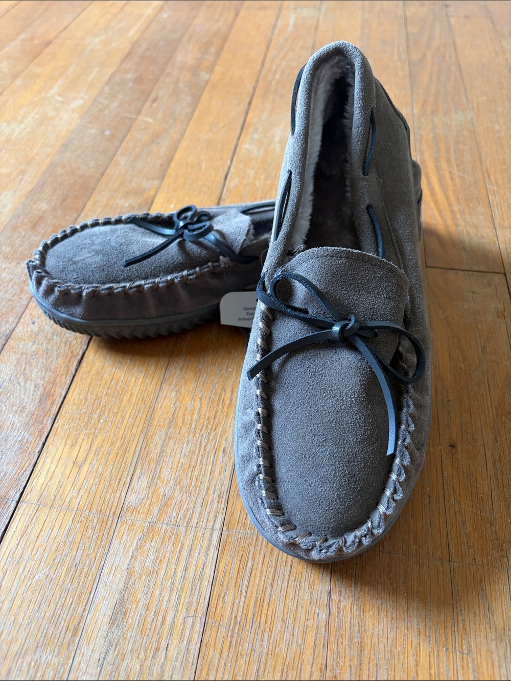 New! George Gray Suede Moccasin Slippers with Bow INDOOR OUTDOOR